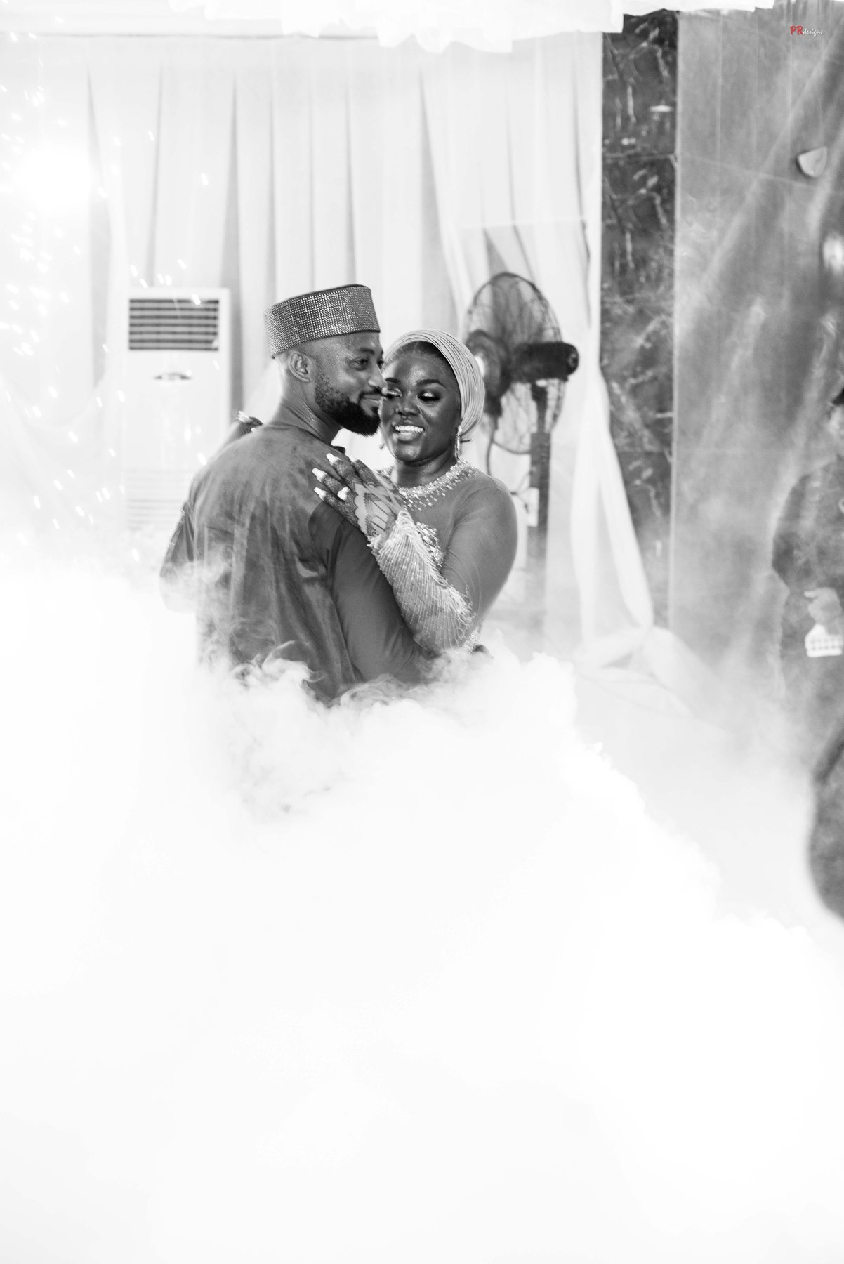 Wedding couple portrait in smoke