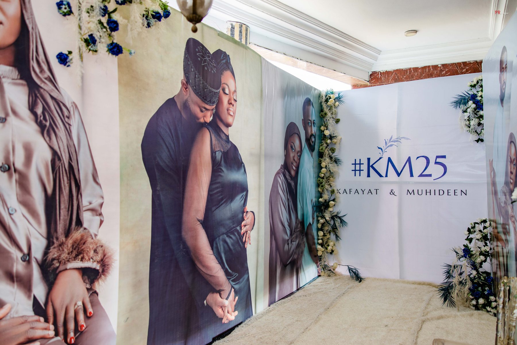 Wedding photo backdrop with couple portraits