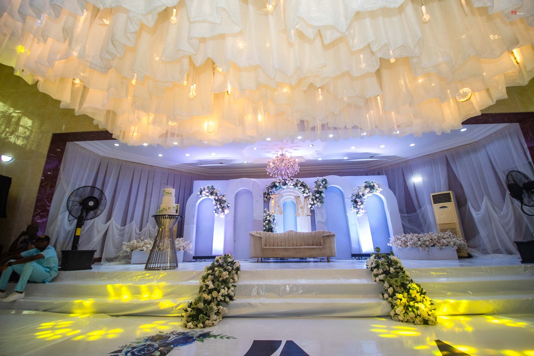 Wide wedding stage with ceiling lights