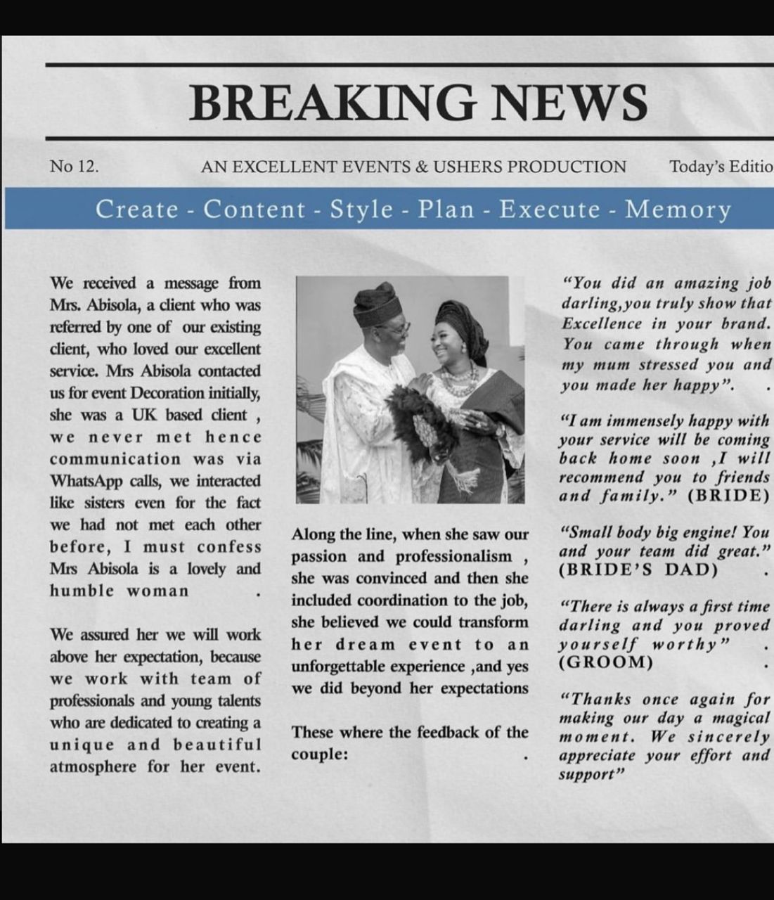 Breaking news style testimonial for Excellent Events and Ushers